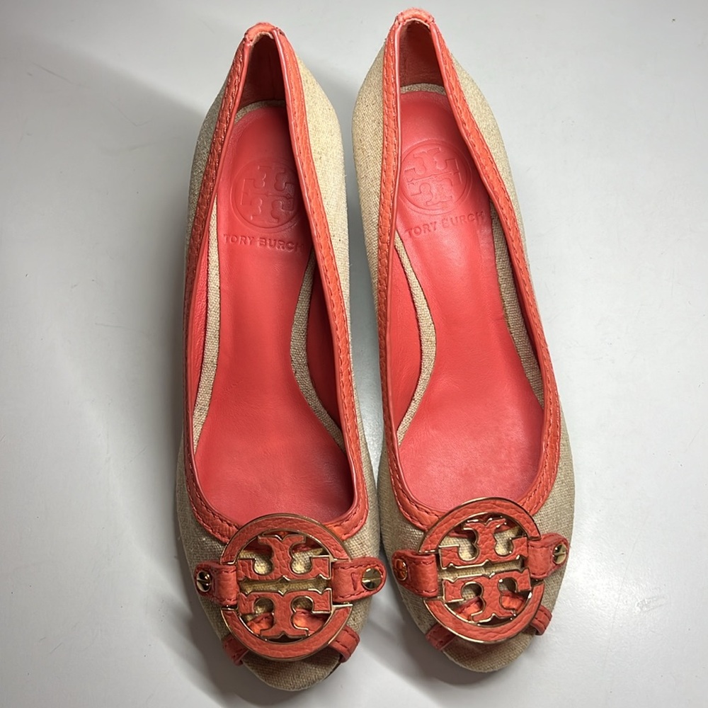Tory Burch Amanda Off White/Pink Leather And Canvas PepToes Wedges Woman’s 6.5M - Picture 8 of 16